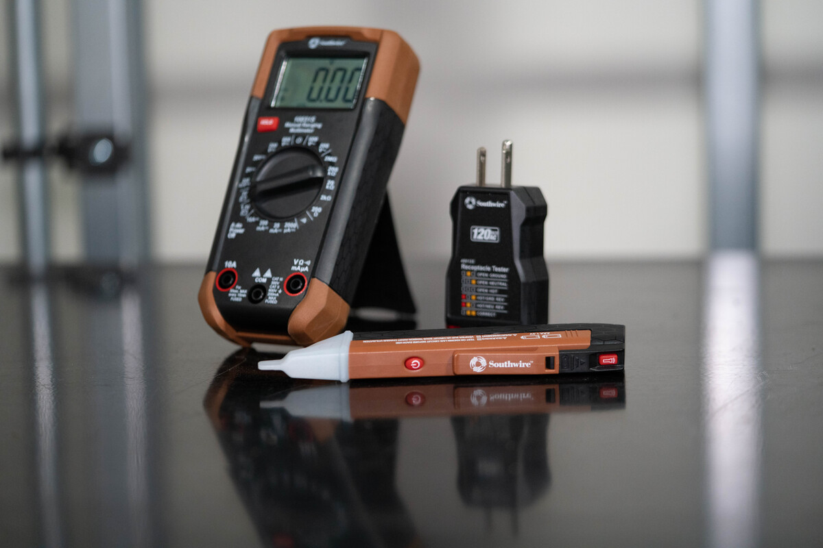 Electrical Test Kit consisting of 600V manual-ranging multimeter, 120V AC receptacle tester, and 90-1000V non-contact voltage tester