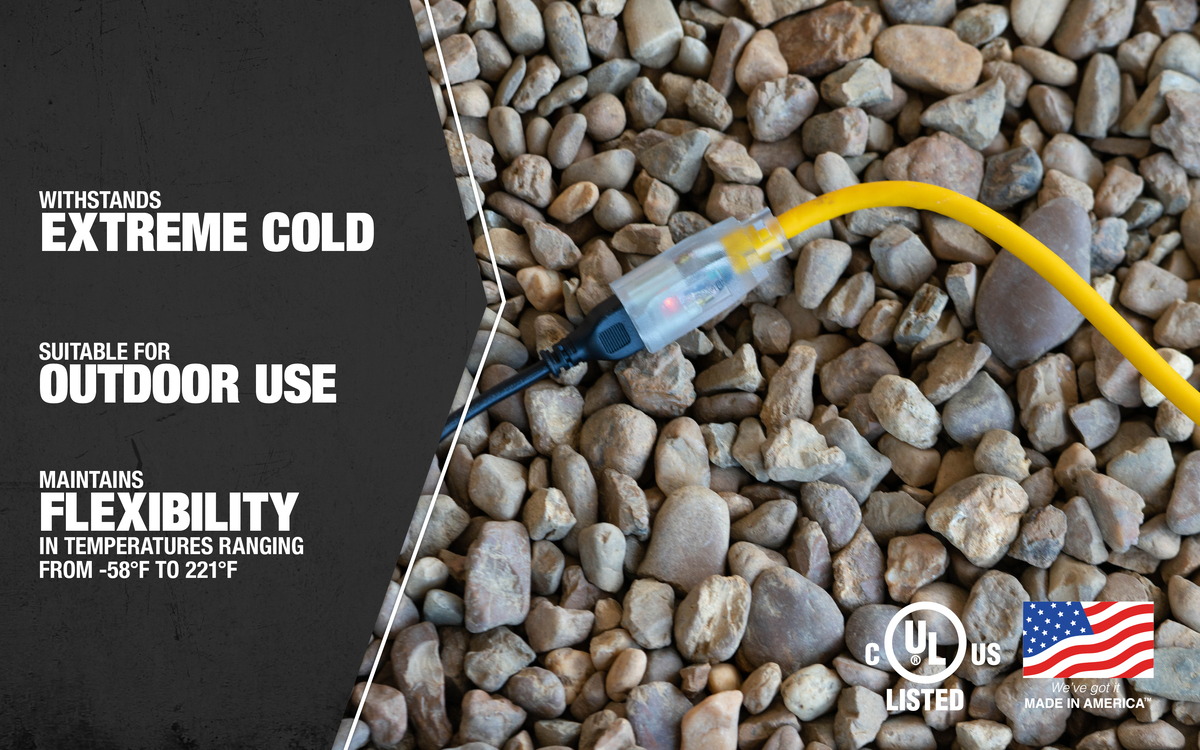 SOUTHWIRE, POLAR SOLAR 14/3 SJEOOW 100' YELLOW OUTDOOR COLD WEATHER EXTENSION CORD WITH POWER LIGHT INDICATOR