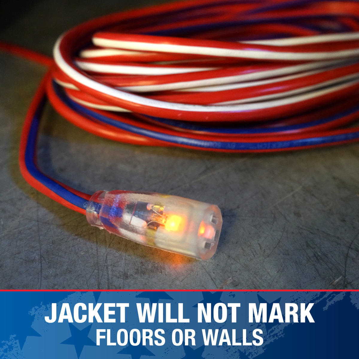 SOUTHWIRE, 12/3 SJTW 50' RED/WHITE/BLUE OUTDOOR EXTENSION CORD WITH POWE R LIGHT INDICATOR