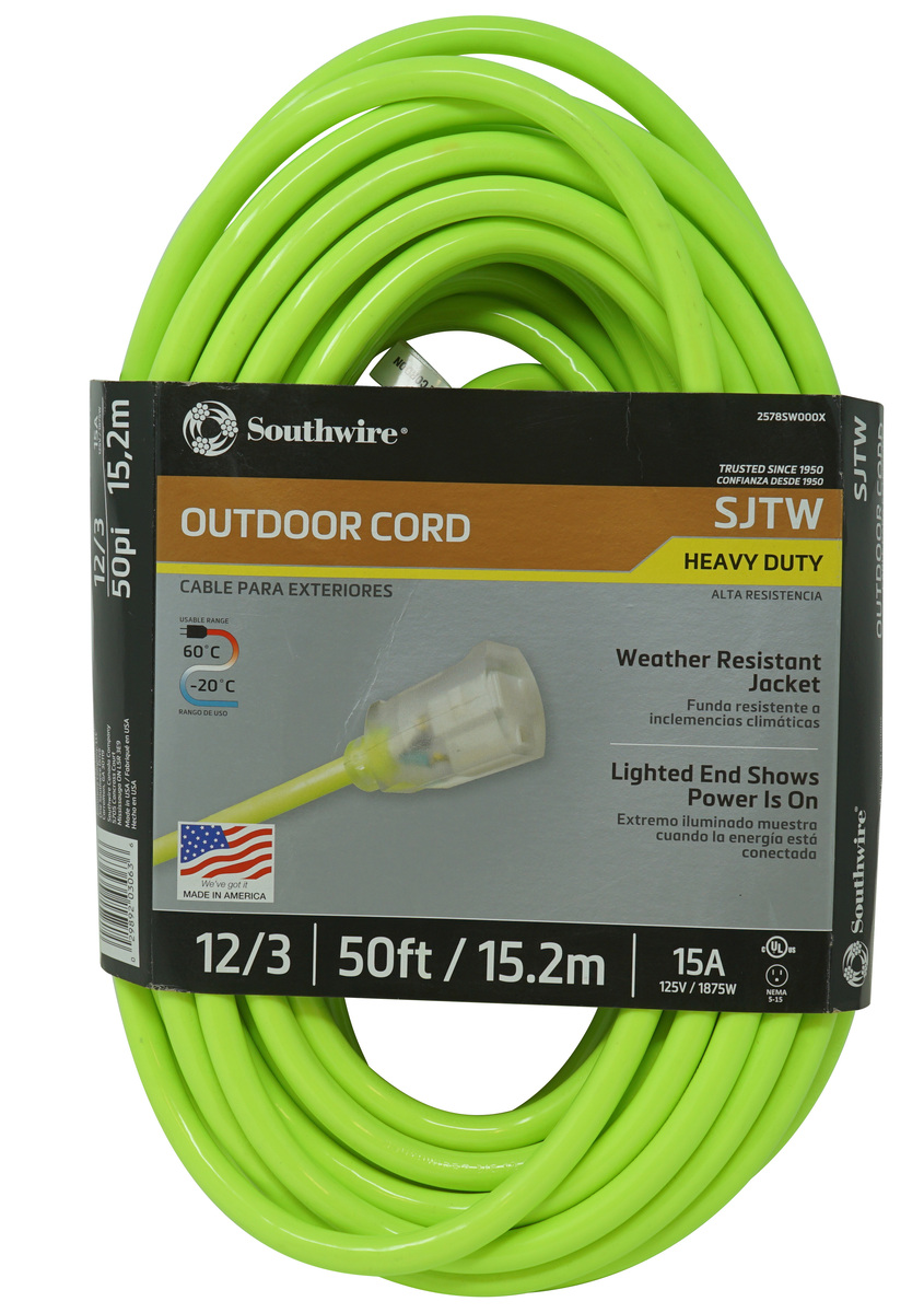 Southwire 2578SW000X 12/3 Heavy-Duty 15-Amp SJTW High Visibility General Purpose Extension Cord with Lighted End, 50