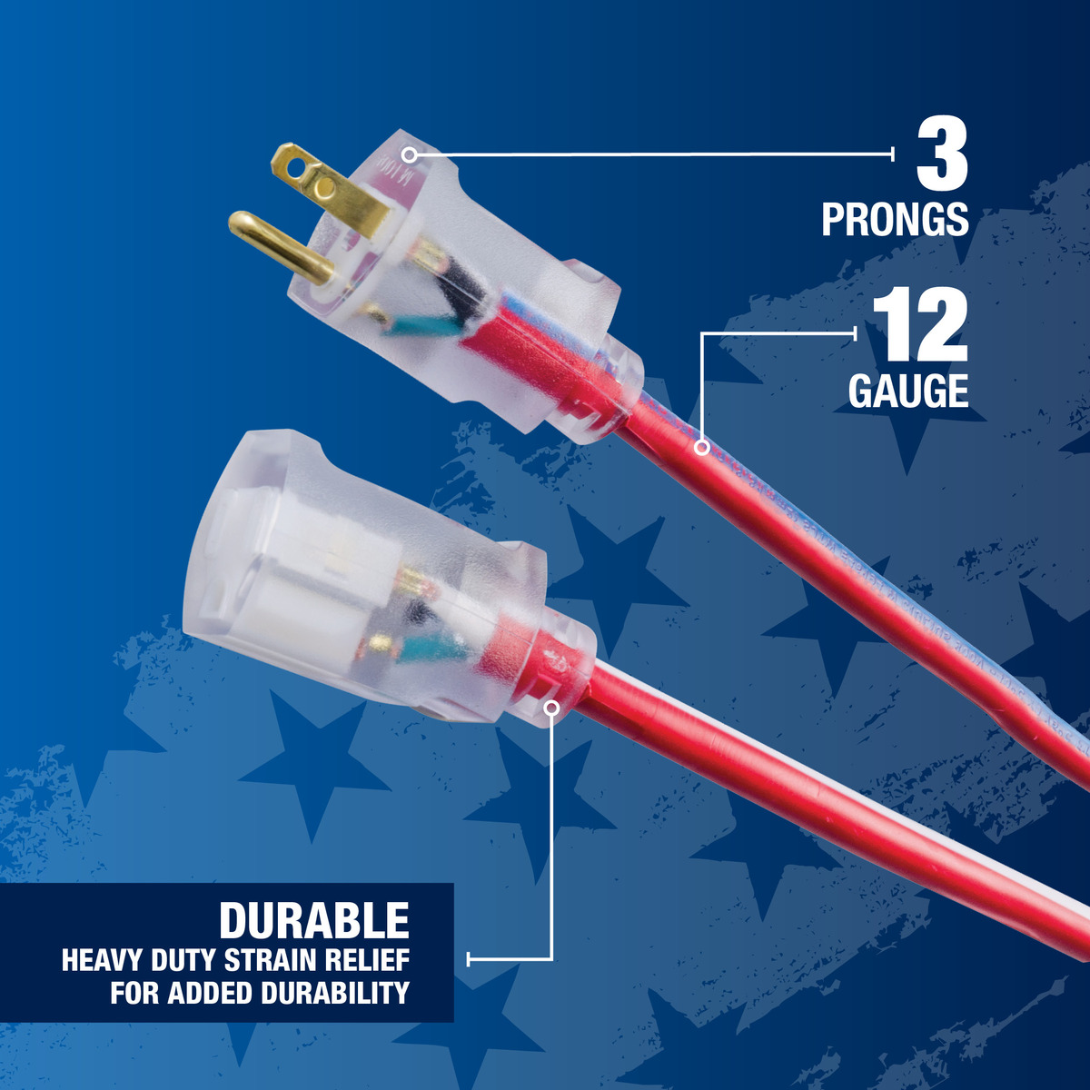 SOUTHWIRE, 12/3 SJTW 50' RED/WHITE/BLUE OUTDOOR EXTENSION CORD WITH POWE R LIGHT INDICATOR