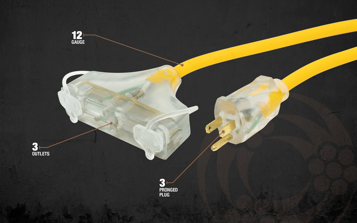 SOUTHWIRE, POLAR SOLAR 12/3 SJEOOW YELLOW TRI-TAP 50' OUTDOOR COLD WEATHER EXTENSION CORD WITH POWER LIGHT INDICATOR