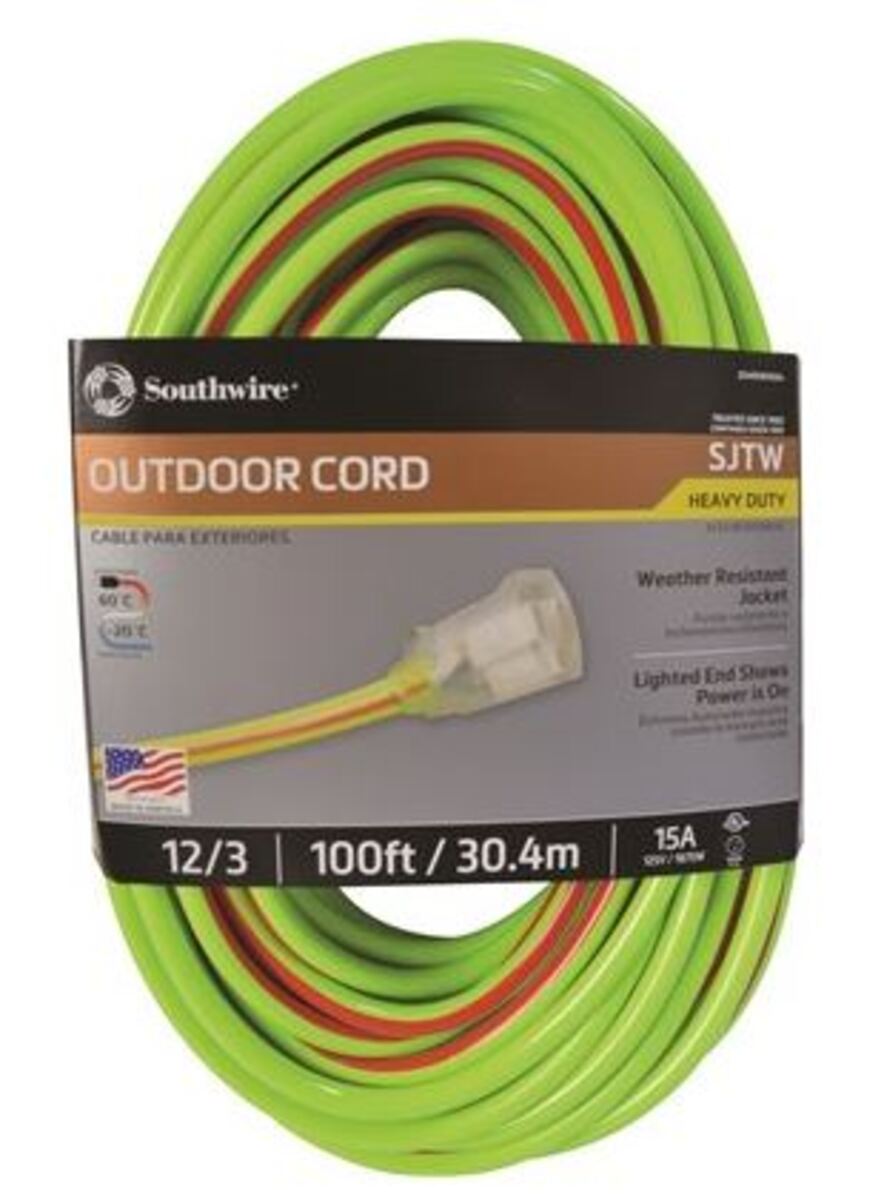 SOUTHWIRE, 12/3 SJTW 100' LIME GREEN/RED OUTDOOR EXTENSION CORD WITH POW ER LIGHT INDICATOR
