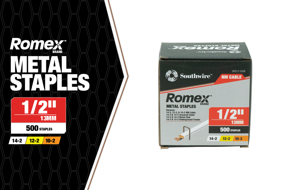 STAPLE, METAL, ROMEX NONMETALLIC CABLE, 1/2", 500PCS/1EA