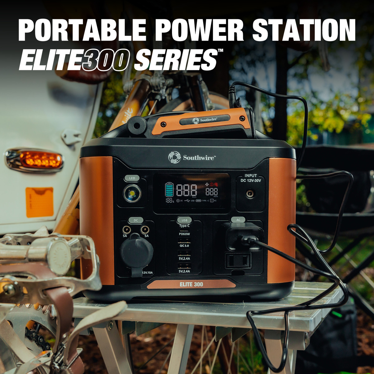 PORTABLE POWER STATION 300 WITH 296 WATT-HOURS OF POWER, FEATURES PURESINE  WAVE, 4 USB PORTS, 2 AC OUTLETS, 12V DC OUTLET. MOLDED HANDLE AND7.76 LBS