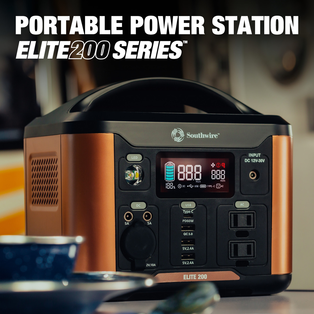 PORTABLE POWER STATION 200 WITH 222 WATT-HOURS OF POWER, FEATURES PURE SINE WAVE, 4 USB PORTS, 2 AC OUTLETS, 12V DC OUTLET. MOLDED HANDLE AND 6.6 LBS