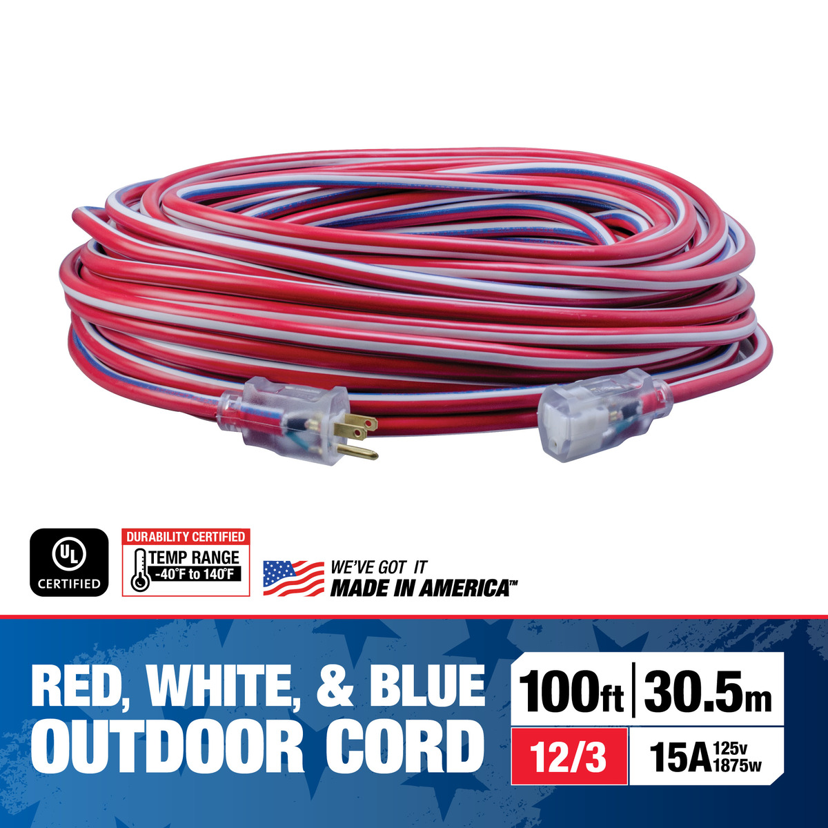 SOUTHWIRE, 12/3 SJTW 50' RED/WHITE/BLUE OUTDOOR EXTENSION CORD WITH POWE R LIGHT INDICATOR
