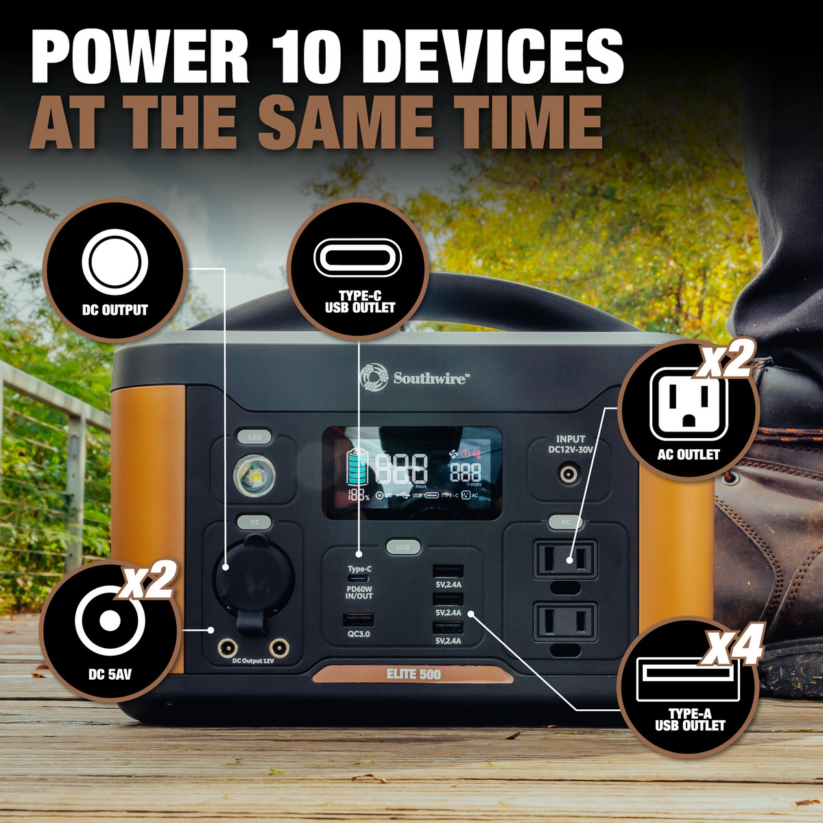 CENTRAL PORTÁTIL 500 CON 515 VATIOS-HORA-HORA DE ENERGÍA, CUENTA CON ONDA PURESINE, PUERTOS DE 5 USB, 2 TOMACORRIENTES DE CA, TOMACORRIENTE DE 12V CC. MANGO MOLDEADO AND11.46 LB