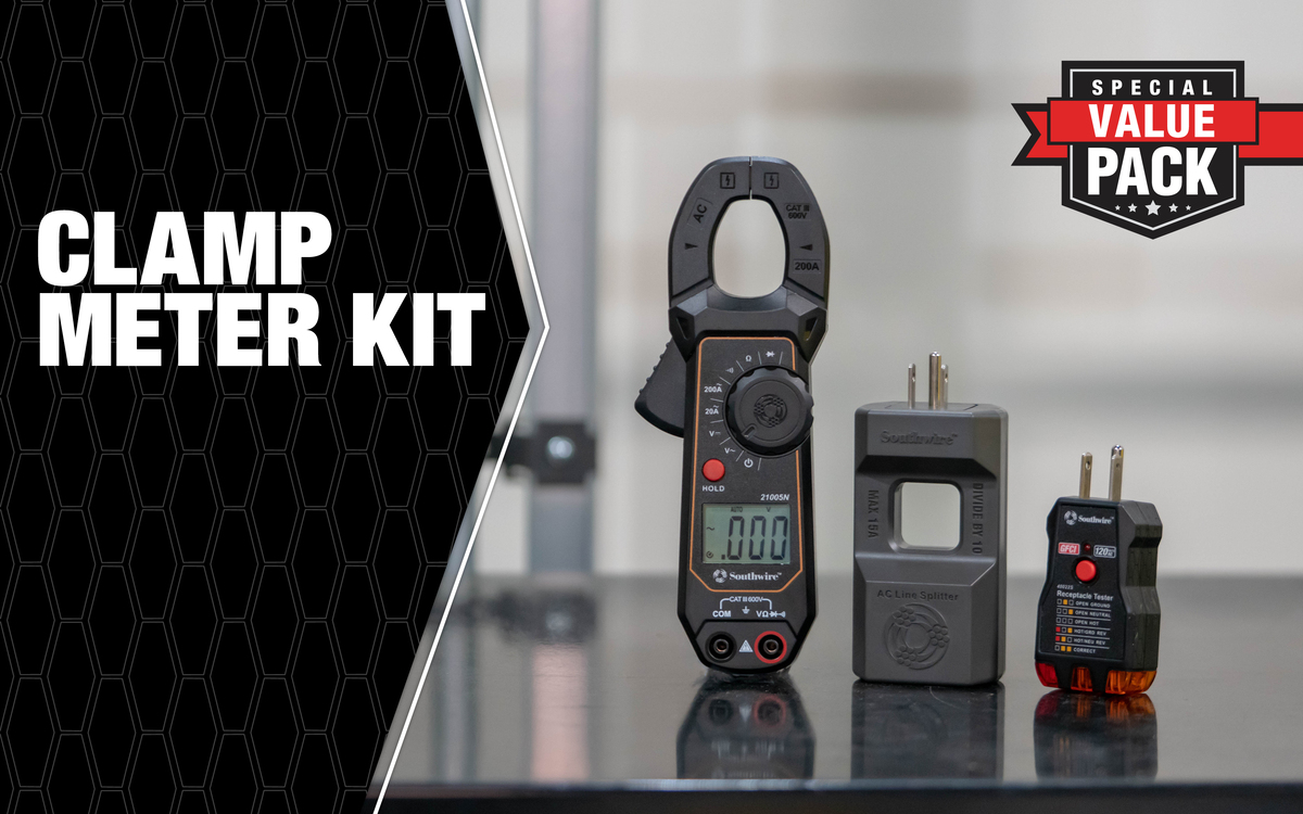 Clamp Meter Kit consisting of 200A AC clamp meter, AC Line Splitter, and 120V AC GFCI Receptacle Tester