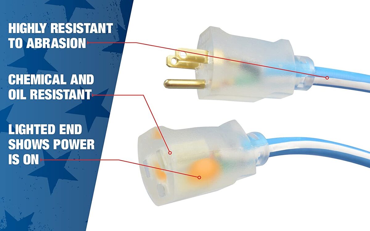 SOUTHWIRE, POLAR SOLAR SUPREME 12/3 SJEOW 100' BLUE/WHITE OUTDOOR COLD  WEATHER EXTENSION CORD WITH POWER LIGHT INDICATOR