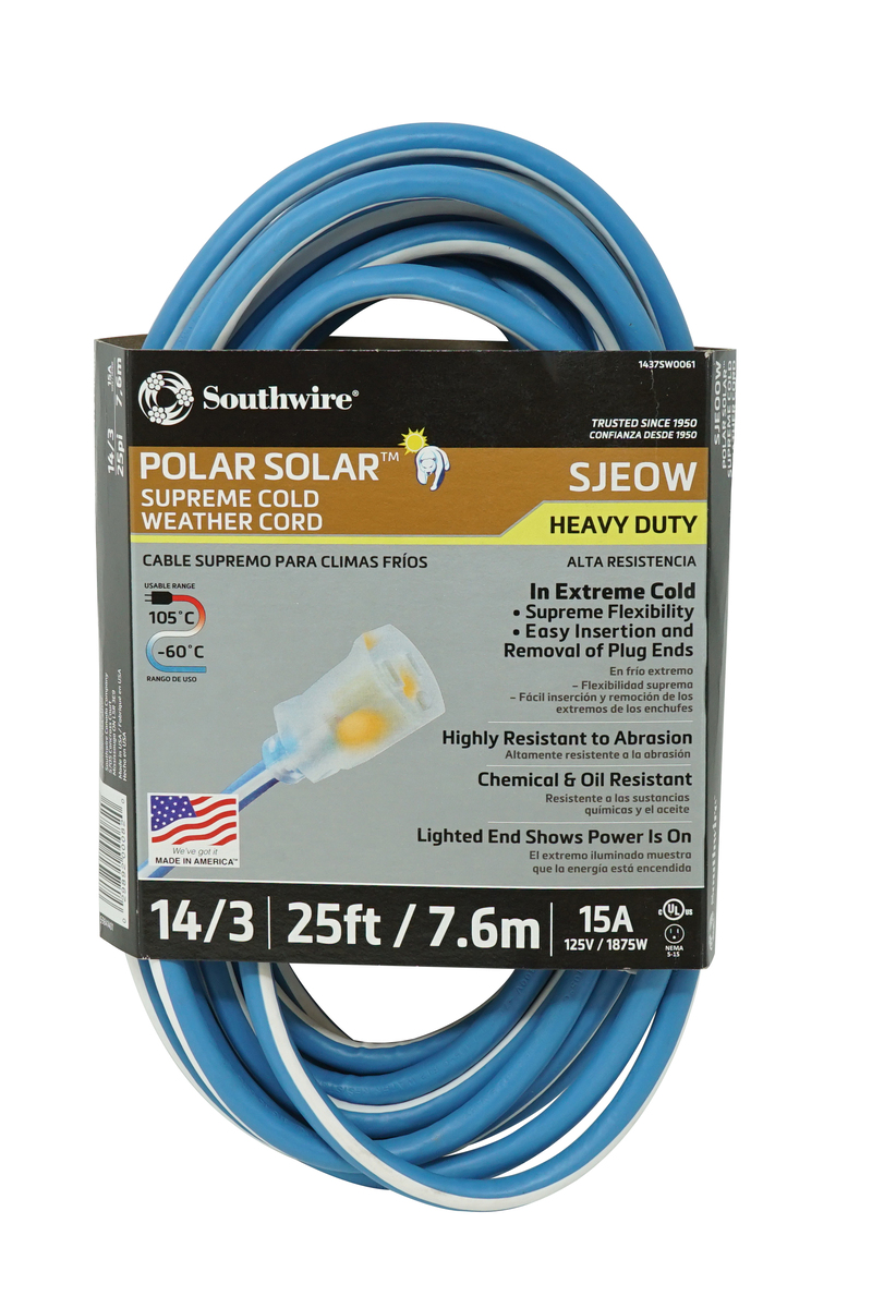 Polar/Solar Supreme 1437SW0061 14/3 Heavy-Duty 15-Amp SJEOW Cold Weather Extension Cord with Lighted End, 25-Feet