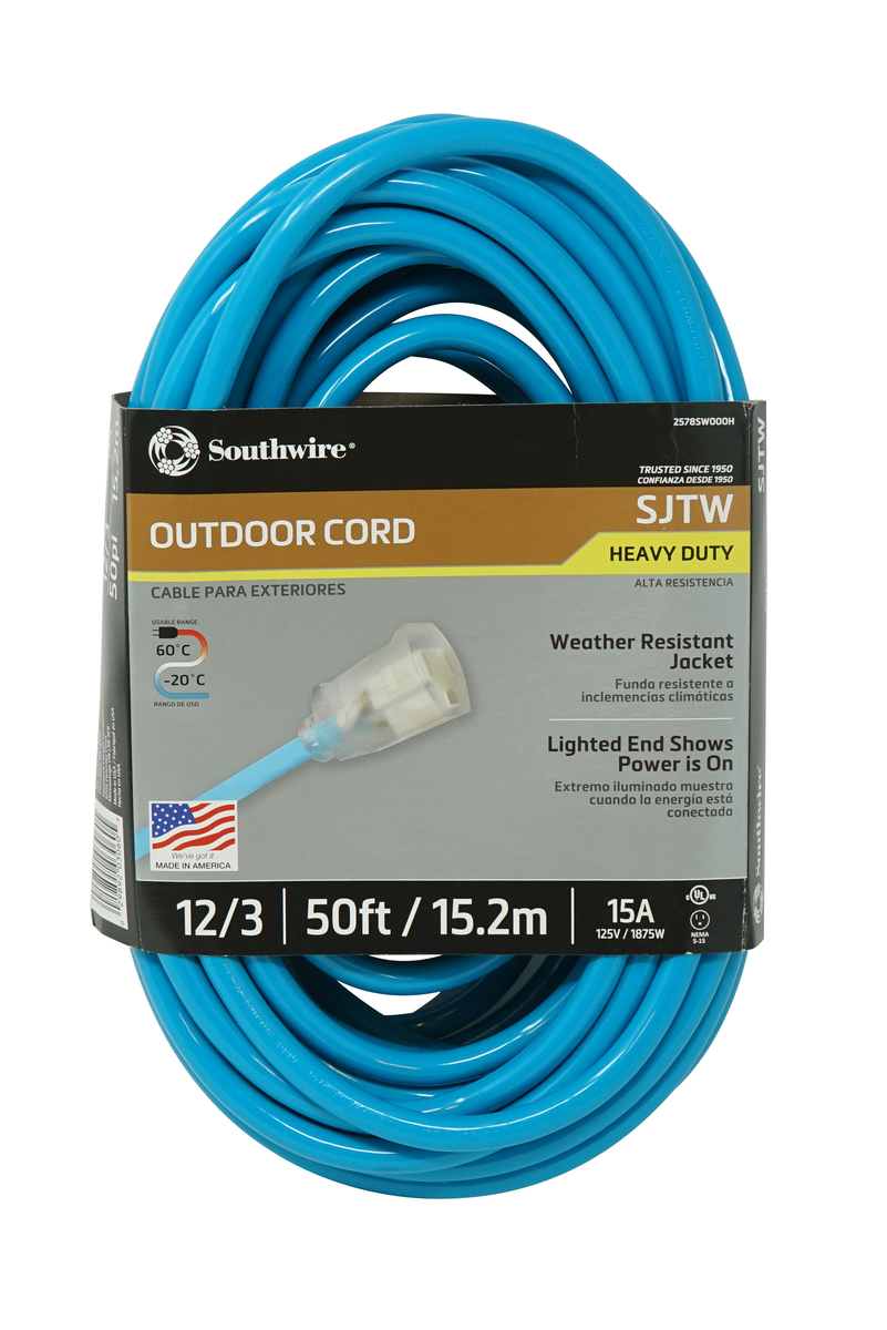 SOUTHWIRE, 12/3 SJTW 50' COOL BLUE OUTDOOR EXTENSION CORD WITH POWER LIGHT  INDICATOR