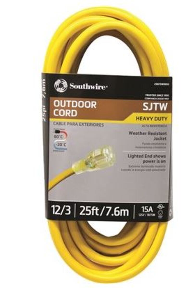 Southwire 2587SW8802 12/3 Heavy-Duty 15-Amp SJTW High Visibility General Purpose Extension Cord with Lighted End, 25